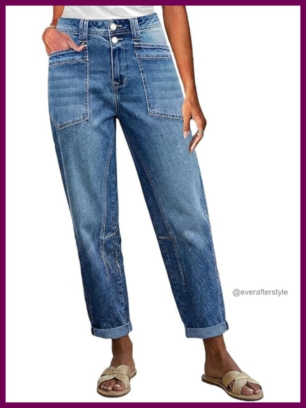 Mid Rise Barrel Leg Crop Jeans Dual Button Stitch Detail Casual